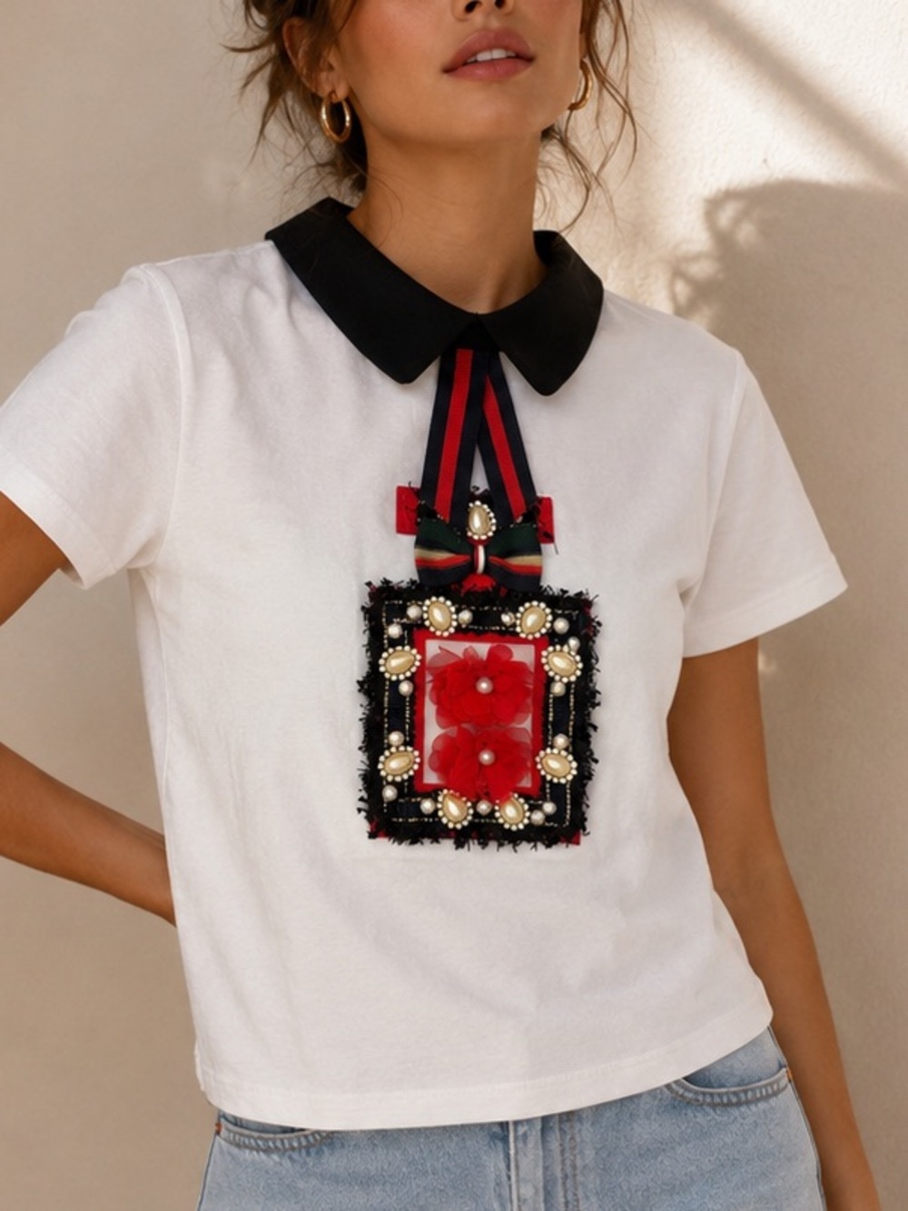Unique White Embellished Peter Pan Collar Tee Size L Boutique Chic